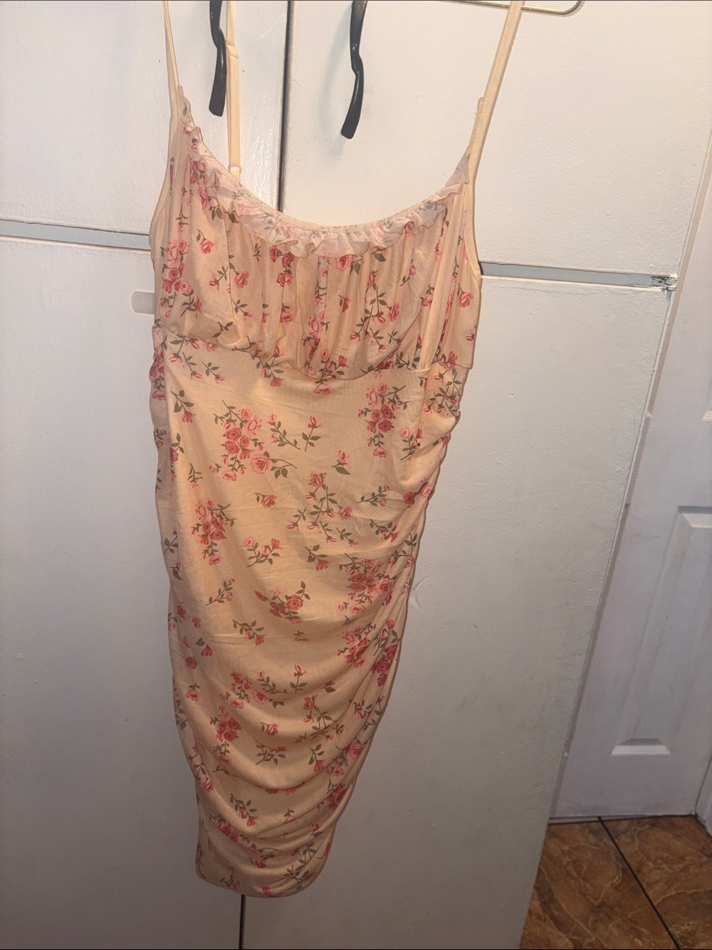 SHEIN Beige Midi Slip Dress with Pink Rose Print
